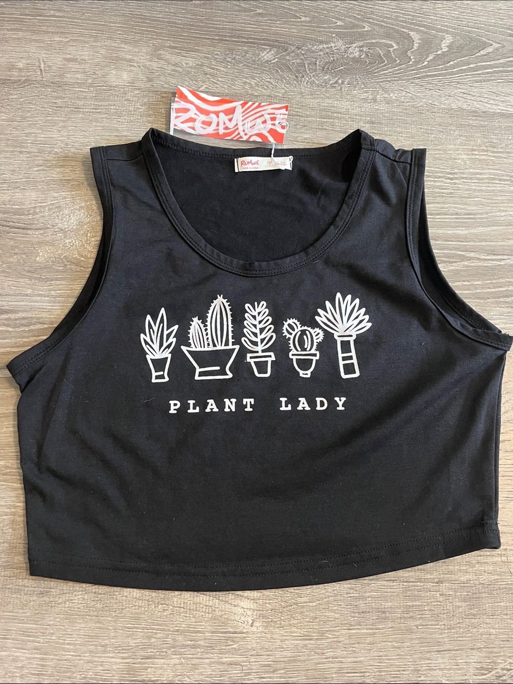 ROMWE Black Crop Tank with White Plant Graphic